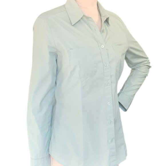 Ann Taylor Loft The Softened Shirt Sz M Cotton Button Front Pockets Green #58K - Picture 3 of 8